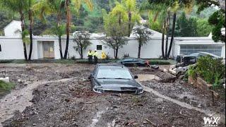 California Atmospheric River 2024 - Flooding and landslides in Los Angeles - 4k