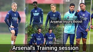 arsenal in training today | Troassard, Bukayo Saka, Odegaard, Timber, White, Merino all in training