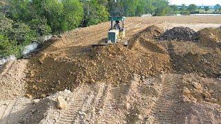 Amazing skill bulldozer leveling and pushing soil with dump truck filling huge project land