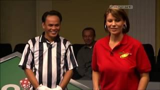 Michaela Tabb playing pool, Francisco Bustamante as referee