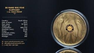 South Africa 2019 50 Rand Big Five Elephant 1 oz Gold Proof Coin "1"