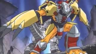 Agumon warp-evolves to Wargreymon and defeats Mugendramon (Japanese)