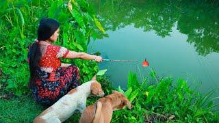 Fishing Video || The Beautiful Lady Catches Fish from the Village Pond Every Day || Hook Fishing