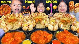 EATING SPICY STREET FOOD CHALLENGE CHOWMEIN MANCHURIAN, SPICY MOMO, EGG ROLL, PANIPURI MUKBANG