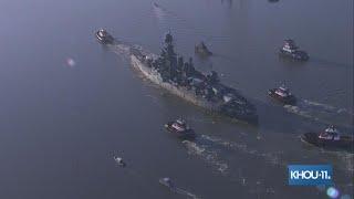 Battleship Texas moving: Ship heading through the Houston Ship Channel