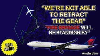 Pilots are unable to retract the landing gear. Delta Airbus A330 returns to Amsterdam. Real ATC