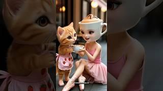 Kitten putting something in the drink of the lady with a teacup face #funny #cat