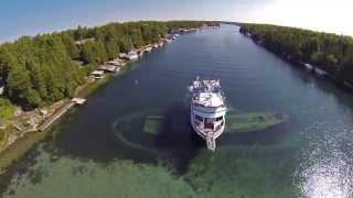 Great Blue Heron over the shipwrecks in Tobermory, Canada.