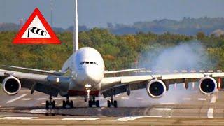 “Storm/Hurricane Xavier” Dangerous A380 slinging and bumpy crosswind landing at Düsseldorf airport