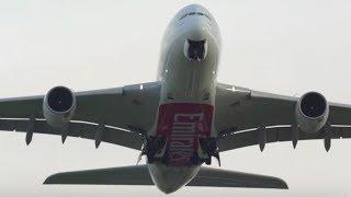 POSITIVE RATE- GEAR UP!!  Up Close HEAD ON Takeoffs- Manchester Airport-23L