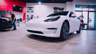 Tesla Model 3 with Satin Frozen Vanilla Vinyl Wrap From 3M