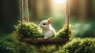 Cute tiny bunny on swing in a mossy forest