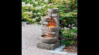 Peaktop by Teamson Home Outdoor Water Fountain, Bowls and Stacked Stone Garden Waterfall & Lights