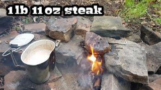 BUSHCRAFT COOKING, open campfire cooking a massive pice of steak in the wild woodland