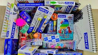 doms stationery collection from the box, acrylic colour, colour changer pen, pencil, erasner, crayon