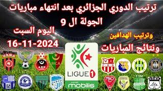 ترتيب الدوري الجزائري بعد انتهاء الجولة ال 9 اليوم السبت 16-11-2024 ونتائج المباريات وترتيب الهدافين