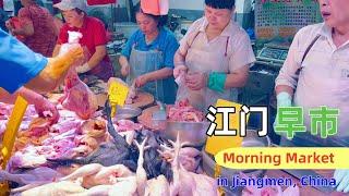 Chinese morning market, freshly cooked pork porridge, 3 yuan rice rolls line up for sale....