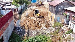 Best Action !! Bulldozer Pushing and Clearing Trash Filling The Land With Mini Dump Truck