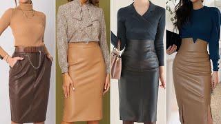 lovely designs of leather pencil skirts outfits for office wear/leather midi skirts ideas