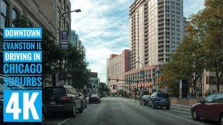 Downtown Evanston IL: Driving in Chicago suburbs:  4K:  Downtowns of the Americas