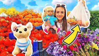 The Little Sister and her toy dog goes to the market for toy vegetables | Playing with favorite toys