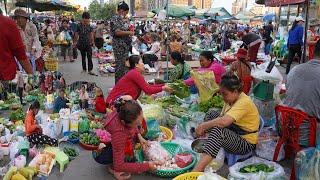 Early Morning Food Market Scene - Plenty Fresh Vegetable, Chicken, Beef, Pork & More Food In Market