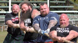 World's Strongest Men in a Tug o' War Challenge at Braemar Gathering Highland Games site in Scotland