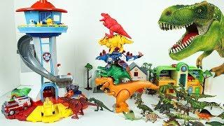 공룡 장난감 뽀로로 미끄럼틀 퍼피 구조대 전망대 놀이 Dinosaur with Paw Patrol Tower Slide Toys