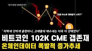 비트코인 하락세 지속! 102K CME 갭과 반등 가능성 분석! 온체인 데이터 폭발적 증가 속 BTC 시장 호재 총정리