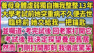 養母身體虛弱獨自撫我整整13年，大學考試前她突重病不久便去世，臨終前 她交給我一把鑰匙，並囑道：考完試後 回老家打開它，考試後 我決定探望養母舊居，然而 門剛打開那刻 我徹底驚呆#人生故事 #情感故事