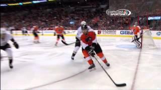 Teemu Selanne takes high stick in the face against Flyers