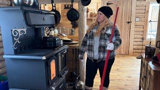 Log Cabin Simple Living WOLF ON THE RIVER!! |EP4| Lasagna Cooking in CAST IRON WOOD STOVE