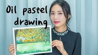 오일파스텔 풍경화 가을 석촌호수 / Oil pastel landscape drawing lake in Seoul