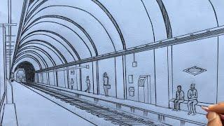 How to Draw a Railway Station Platform in 1-Point Perspective Step by Steps