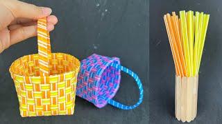 DIY Basket fronm Plastic Tube . สานตะกร้าจากหลอดพลาสติก