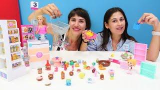 Ayşe ve Ümit! Shopkins Mini market VS Barbie Süper market! Kızlar için evcilik oyunları