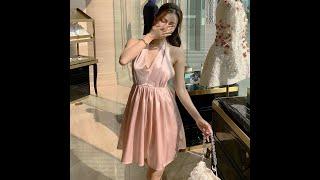 Summer Temperament Women Backless Halter Shinny Satin Pink Color High Waist Deep V Neck A-Line Dress