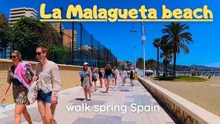 Malagueta Beach - Malaga, Spain. 4K Walk tour, spring 2024