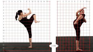 Young Adult Female Side Kick High - Grid Overlay. Animation Reference Body Mechanics