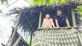 Roofing process - boy learns how to weave coconut leaves - make bamboo stairs