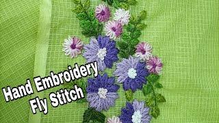 Hand Embroidery Fly Stitch, Lazy Daisy Stitch / Daily Wear Kotta Saree With Hand Embroidery Design