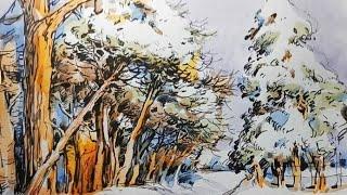 【土人教画】330 钢笔淡彩画-冬景 Terrain art class-Ink watercolor土人老师网课报名微信号：16478318998