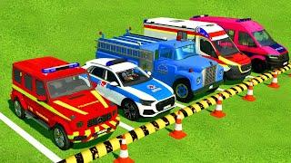 TRANSPORTING MERCEDES, AUDI POLICE CARS, FIRE TRUCKS and AMBULANCE VEHICLES with TRUCKS !! FS22