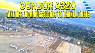 CONDOR A320 | SPECTACULAR TAKE OFF FROM DÜSSELDORF TO CHANIA, CRETE, GREECE | SUNRISE | RHINE RIVER