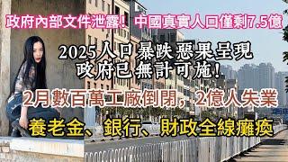 疑似政府內部文件泄露！中國真實人口僅剩7.5億 人口暴跌惡果呈現;2月數百萬工廠倒閉，2億人失業,養老金、銀行、財政全線癱瘓,政府已無計可施！