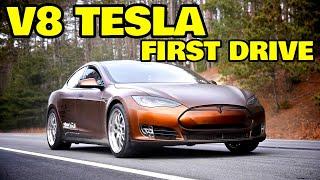 The world's first V8 powered Tesla hits the road!