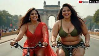 [4k] Hot Indian girls,Ai lookbook Cute Indian Women riding bicycle in Delhi, ai art,Model Saree