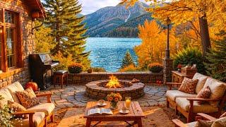 Cozy Sunny Fall Morning by the Lake Ambience  Smooth Jazz Music & Fireplace for Study, Relaxation