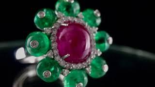 Natural old Burmese ruby colombian emerald cabochon diamond 18k gold ring