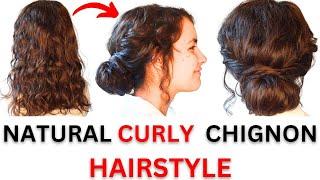 Natural Curley hair / Easy chignon hairstyle - low chignon for long to medium hair.